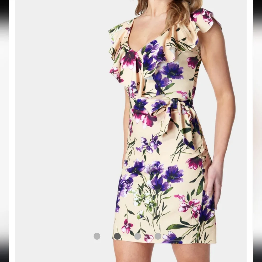 Bebe Floral Flouncy Pretty Fitted Short Mini Sexy Size L Dress Flirty Bodycon - Picture 2 of 11